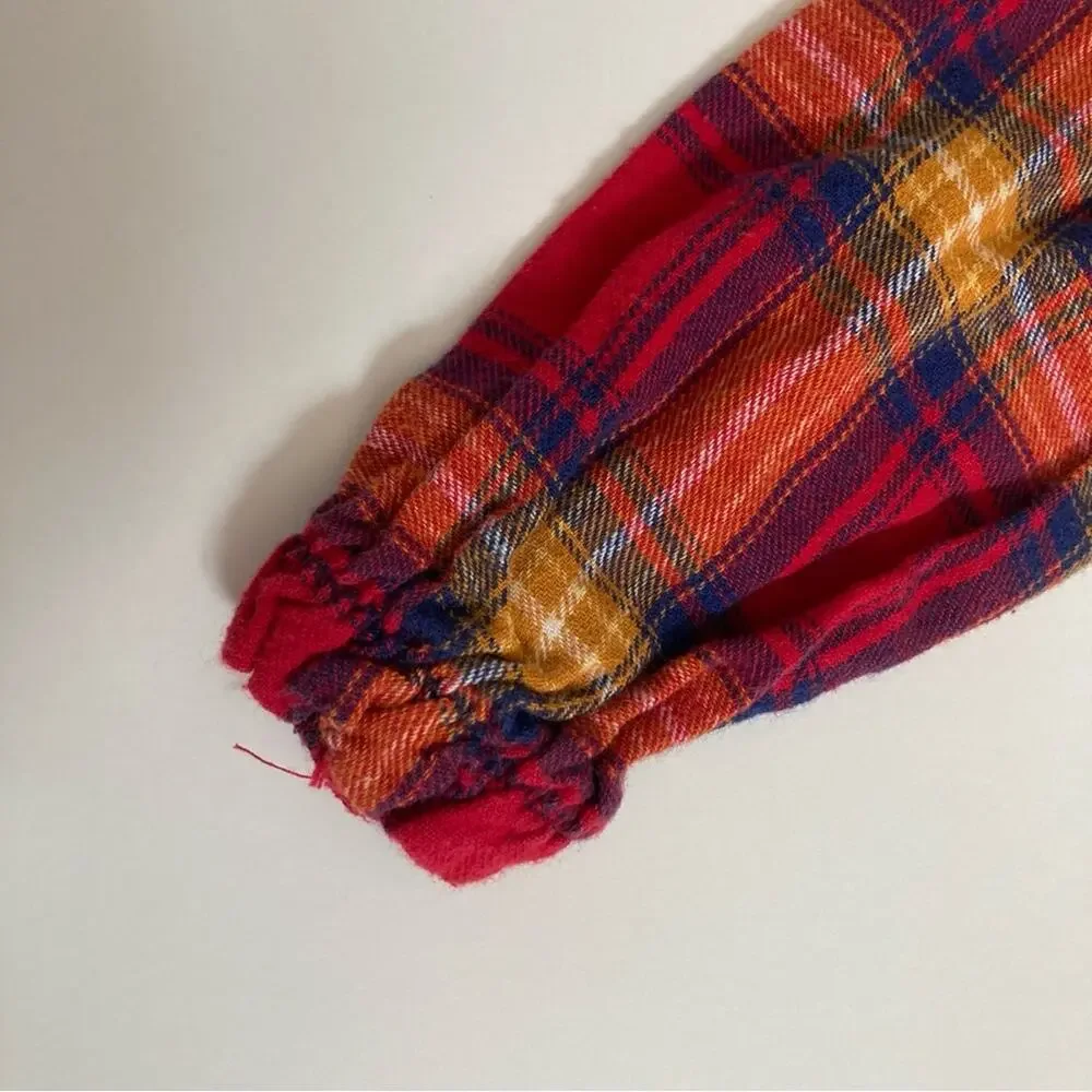 Tahari Plaid Red Yellow Long Sleeve Seersucker Apple Button Dress Toddler 2T